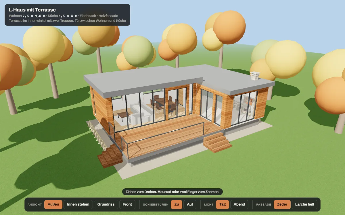 Interaktives 3D-Modell eines L-förmigen Hauses mit Holzfassade, Flachdach und Terrasse mit zwei Treppen