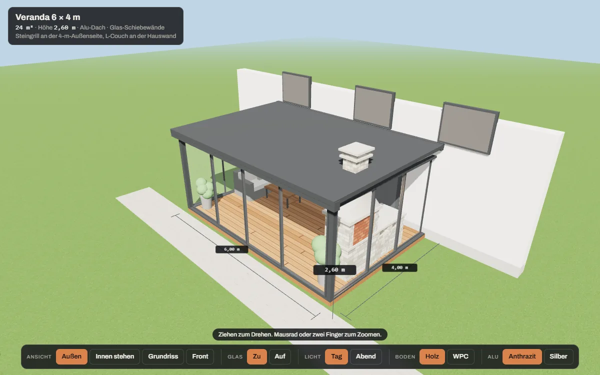 Interaktives 3D-Modell einer Veranda mit Alu-Dach, Glas-Schiebewänden, Lounge und Steingrill