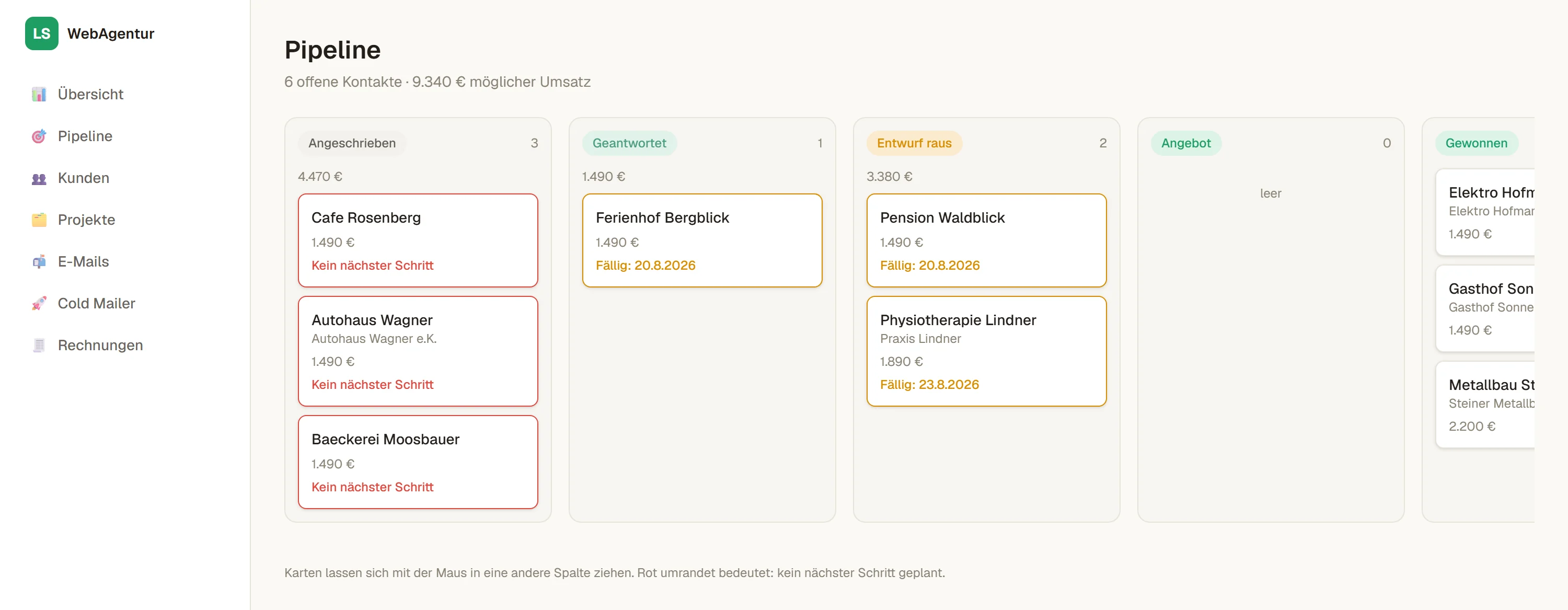 Pipeline im Kundendashboard mit Leads und Gesprächsstand