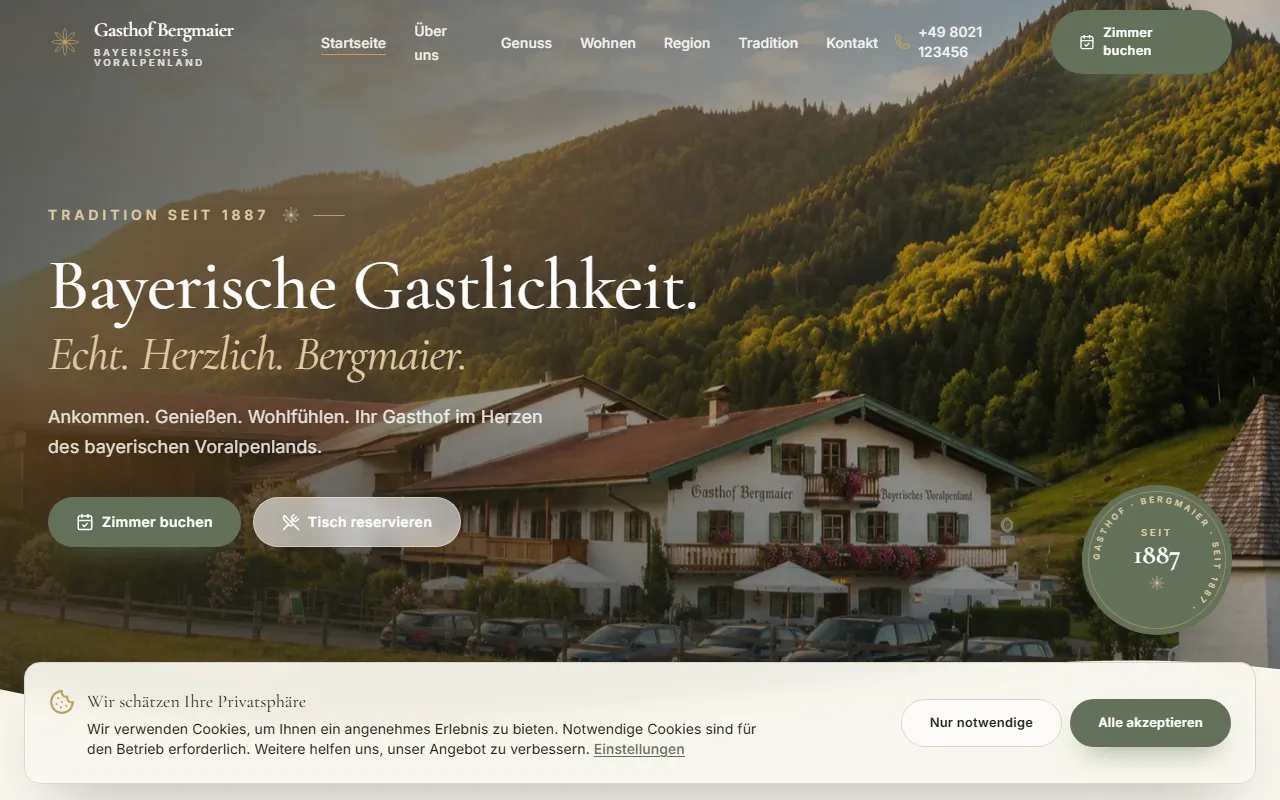 Screenshot: Gasthof-Website mit Zimmer, Küche & Tradition